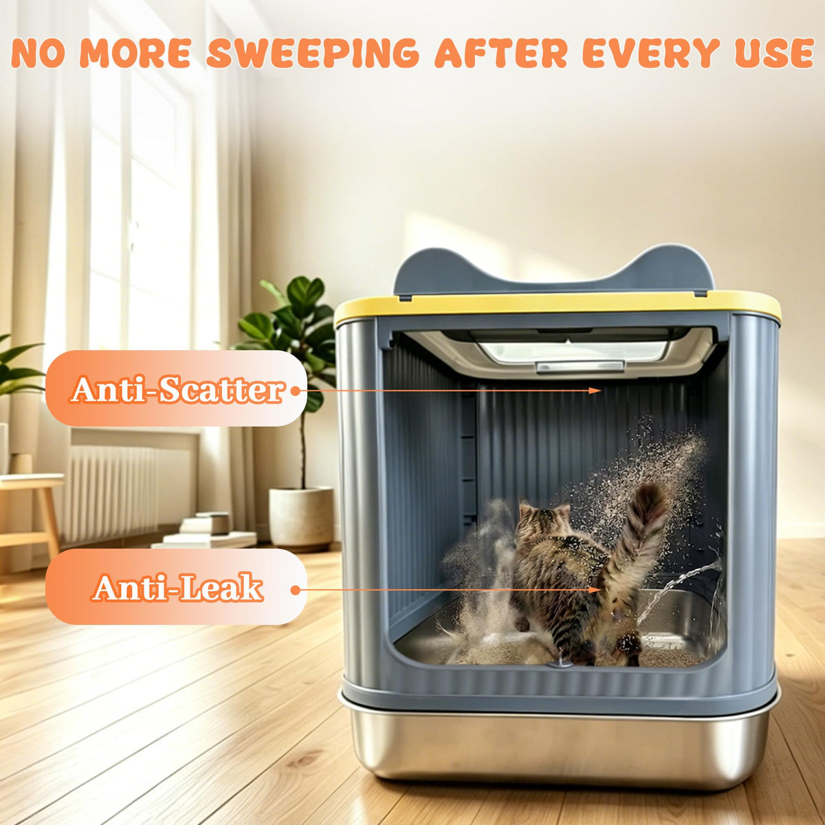 Stainless Steel Cat Litter Box Enclosed (Yellow)
