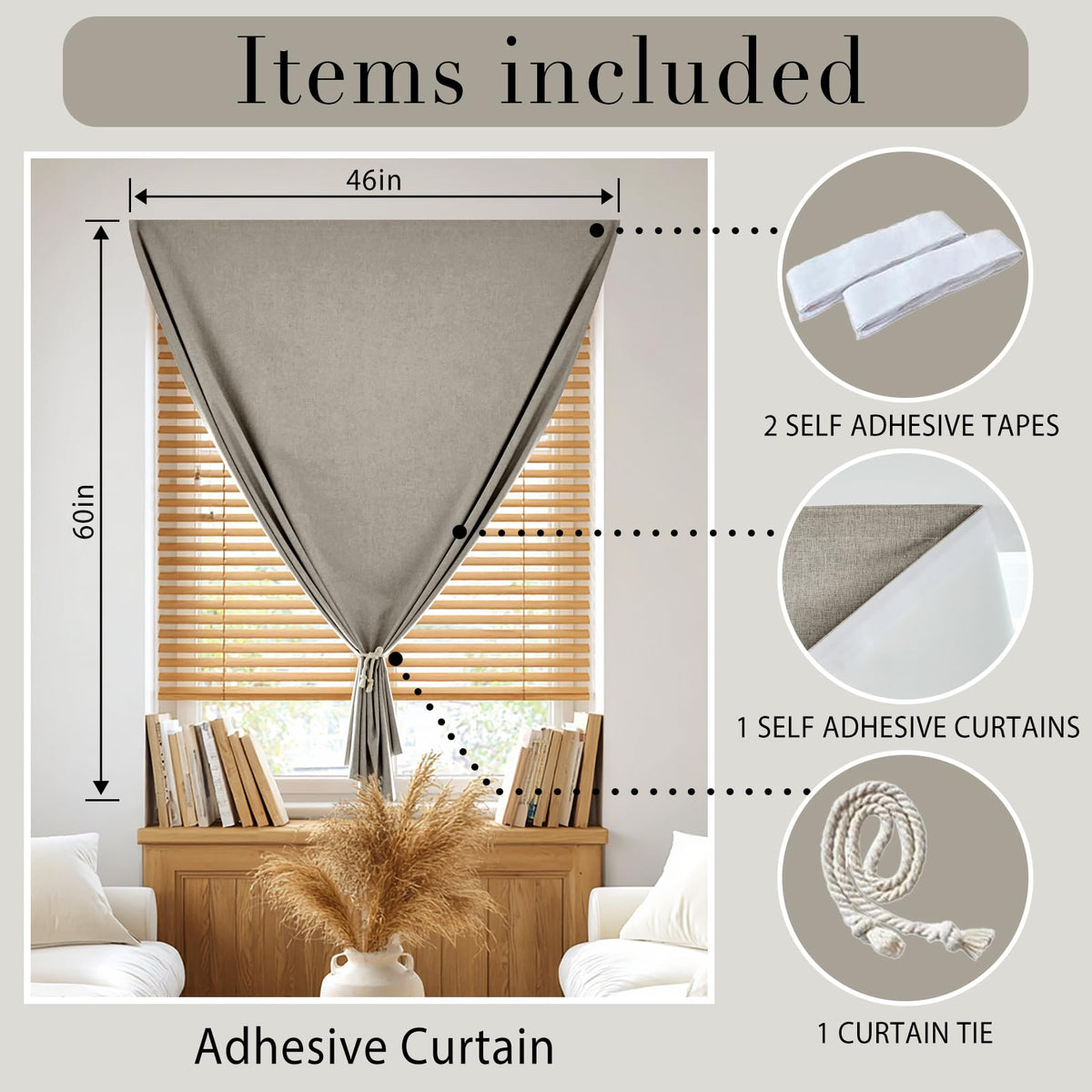 100% Blackout Self Adhesive Curtains (45"W x 60"L (Pack of 1) / Light Brown)