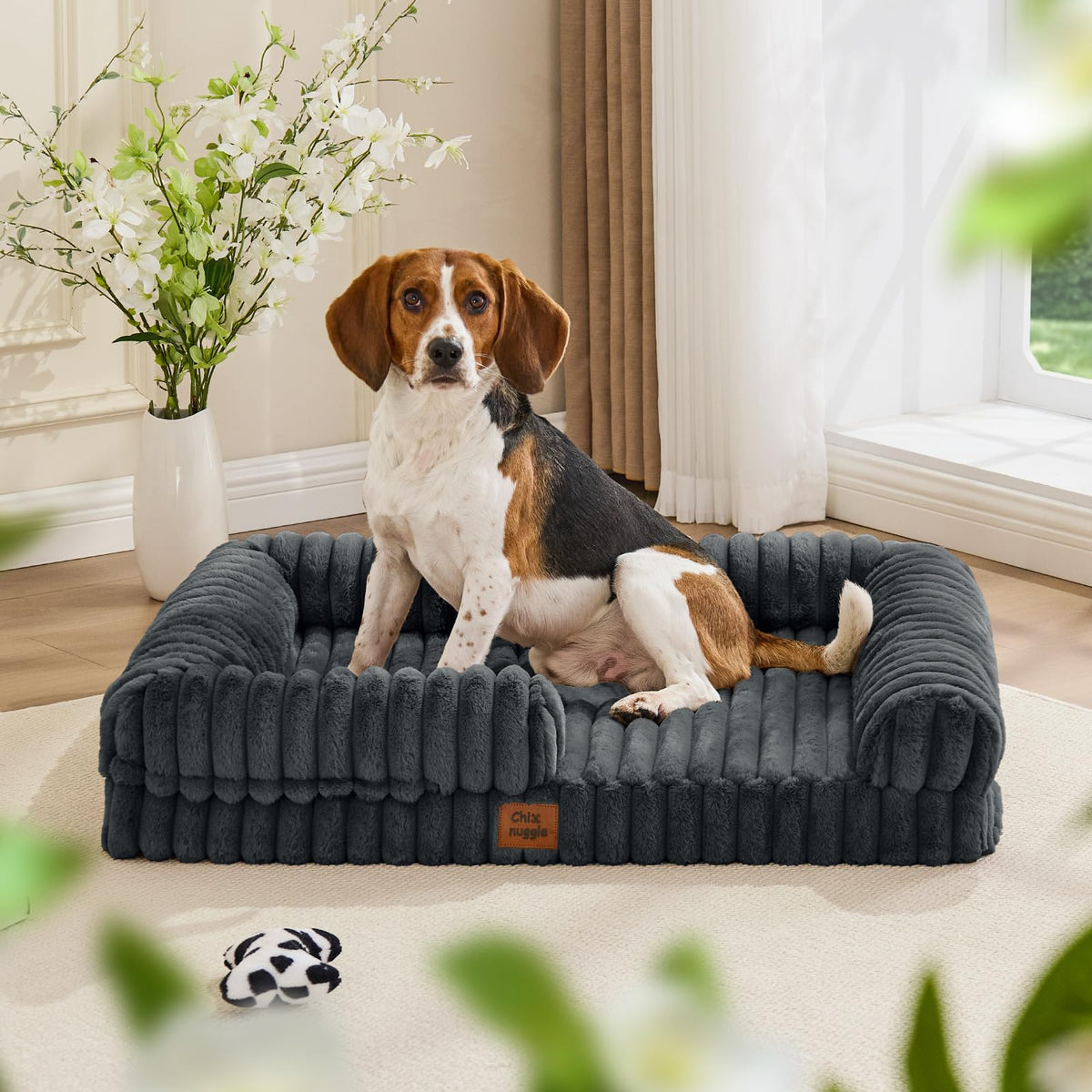 Faux Fur Orthopedic Dog Bolster Bed (Rectangular Dark Grey / L(35*28*7))