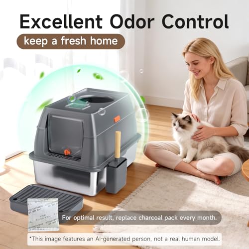 XL Enclosed Stainless Steel Litter Box with Lid (Dark Gray)