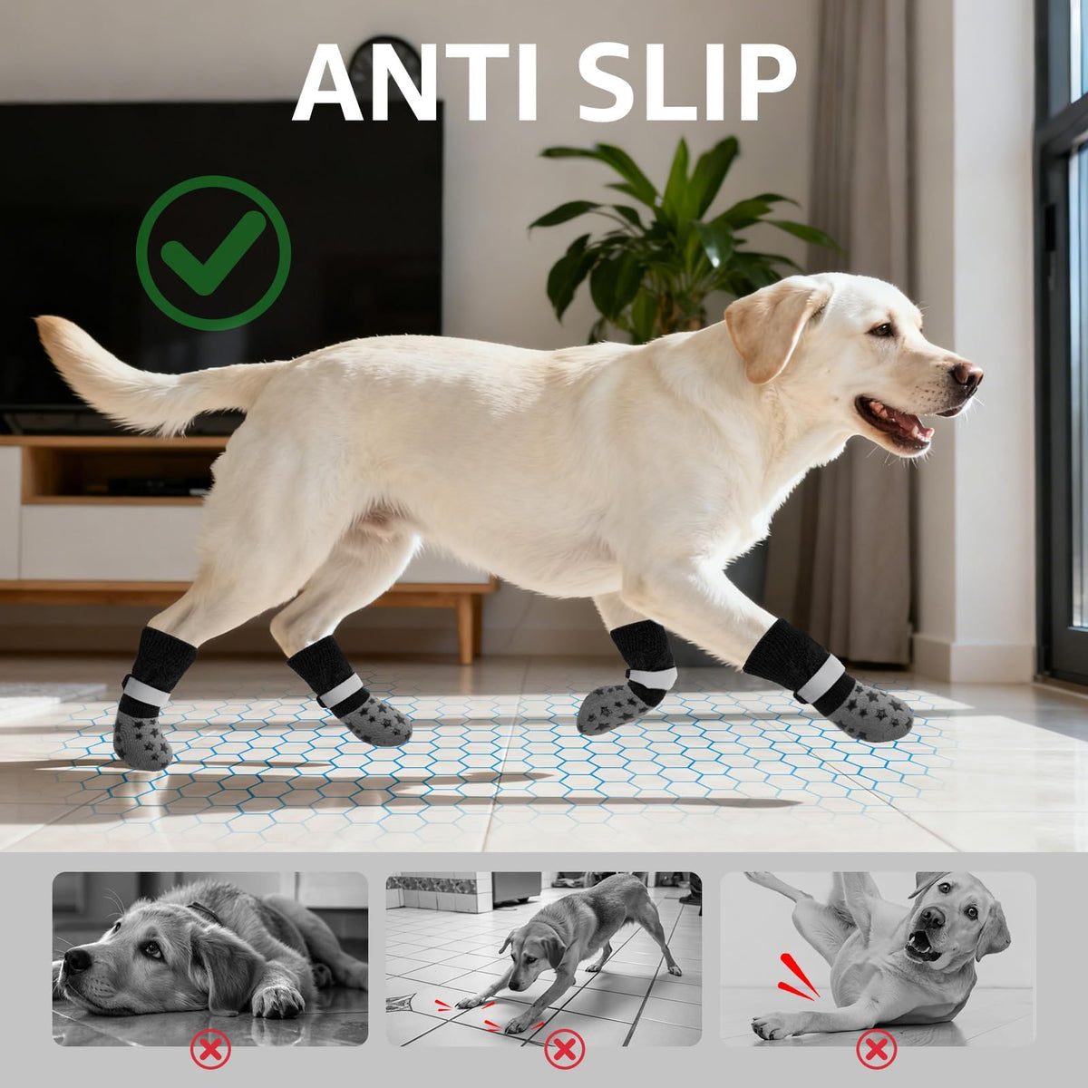 Dog Socks to Prevent Licking Paws Double Sided Grip Traction (black / M(2.1"-2.55" W | Pack of 4))