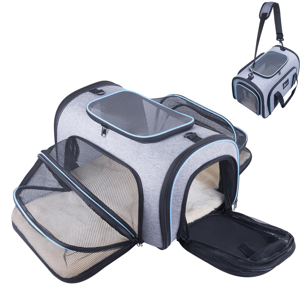 Pet Carrier Airline Approved (20.0"L x 11.4"W x 12.4"H / 4 Extension Gray_Blue)