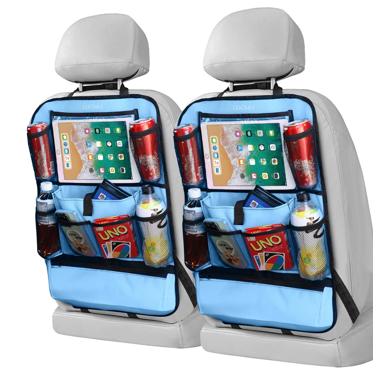 Car Backseat Organizer with Touch Screen Tablet Holder (Light Blue-1 / 2 Pack)