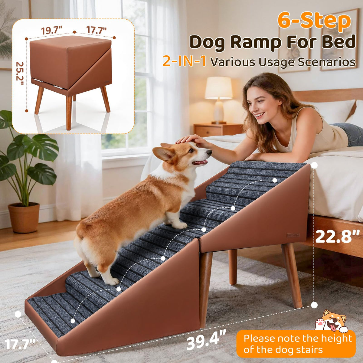 Dog Stairs & Ramp for High Bed & Couch (Brown / 22.8in Bed)
