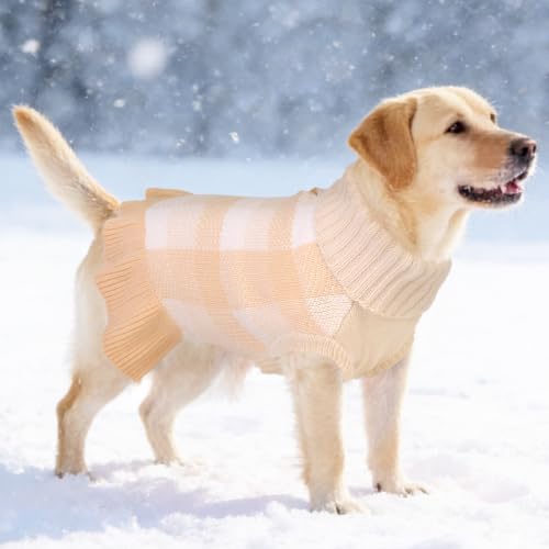 Dog Sweater Dress Plaid Knitwear for Large Dogs Girl Christmas Clothes (Beige / X-Large)