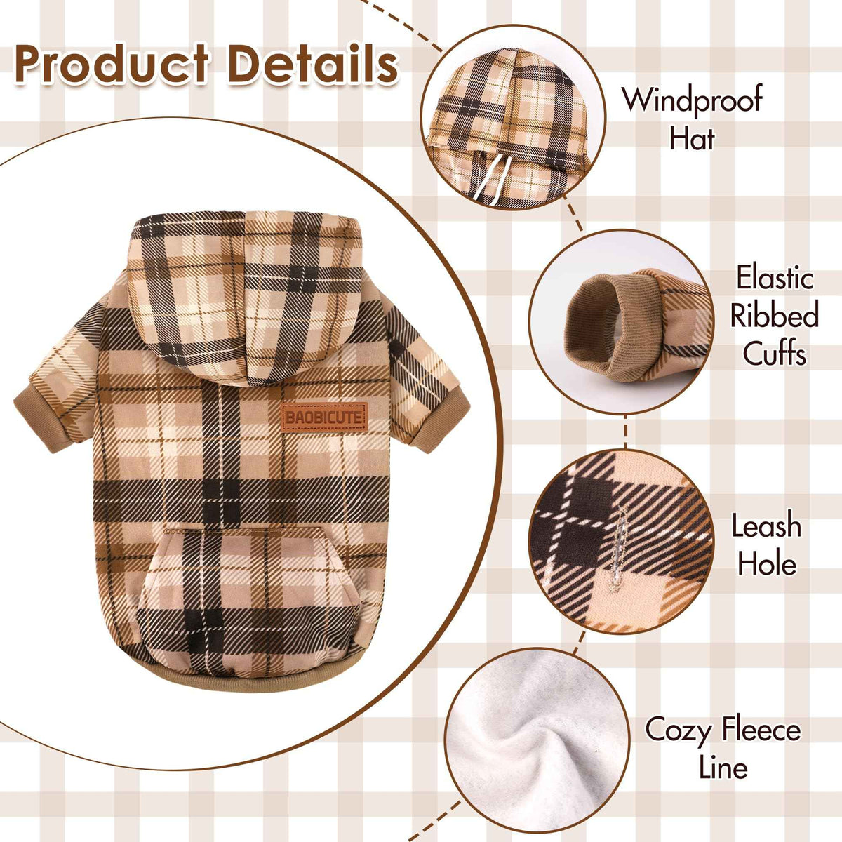 Dog Basic Hoodie Soft Dog Clothes Cold Weather Sweaters for Medium Large Dogs Cozy Fabric Warm Sweatshirt with Leash Hole for Boys (Khaki Plaid / L (Back: 20.47",Chest: 28.35",20-35lbs))