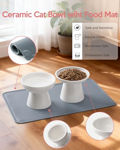 2 Pack Elevated Ceramic Cat Bowls Extra Wide for Food & Water + Food Mat White+Mat (White+Mat)