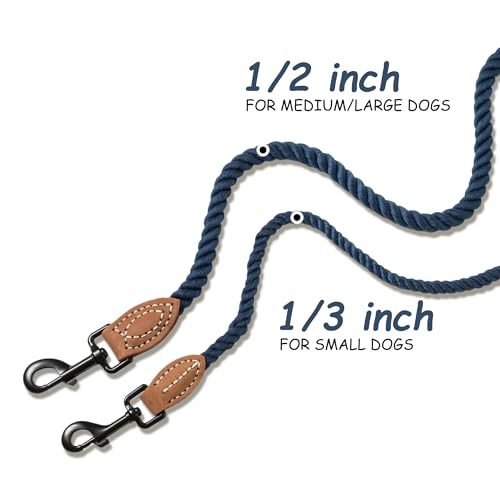 Dog Leash Braided Cotton Rope with Leather (Navy / 72 Inch-1/3")