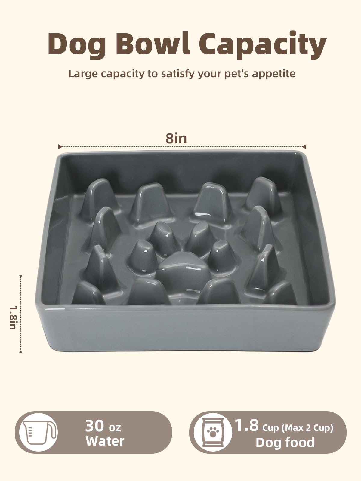 Ceramic Dog Slow Feeder Bowls (Grey / M-1.8 Cups)