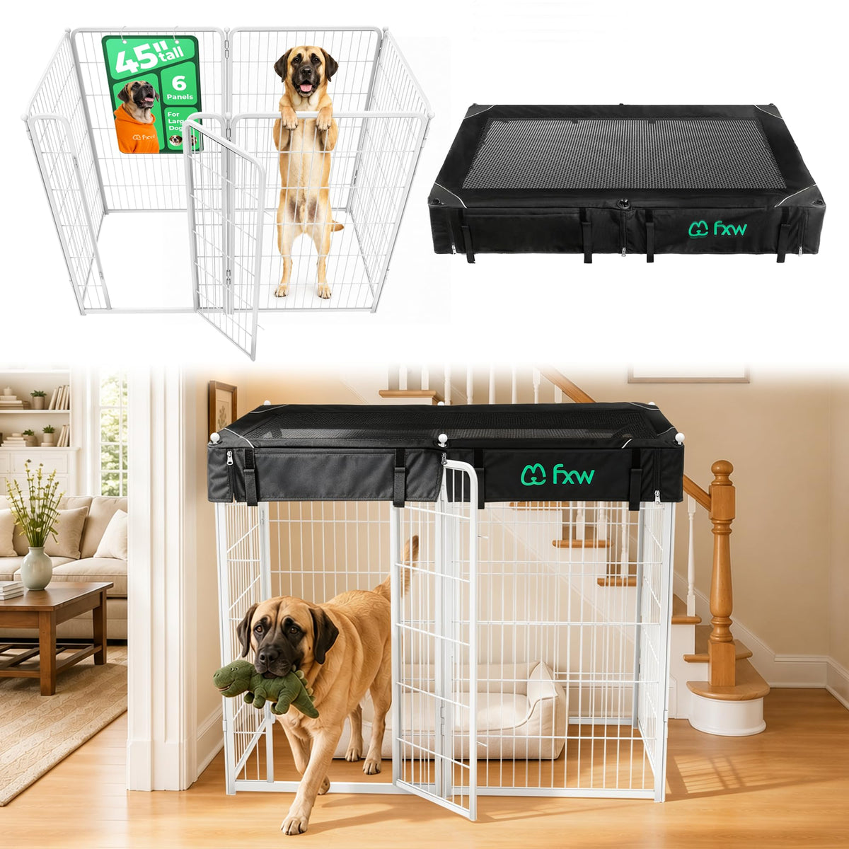 Homeplus Indoor Dog Playpen with Mesh Top Cover (White / 45"H)
