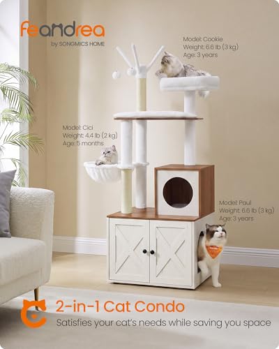 Cat Tree with Litter Box Enclosure (Rustic White + Honey Brown)