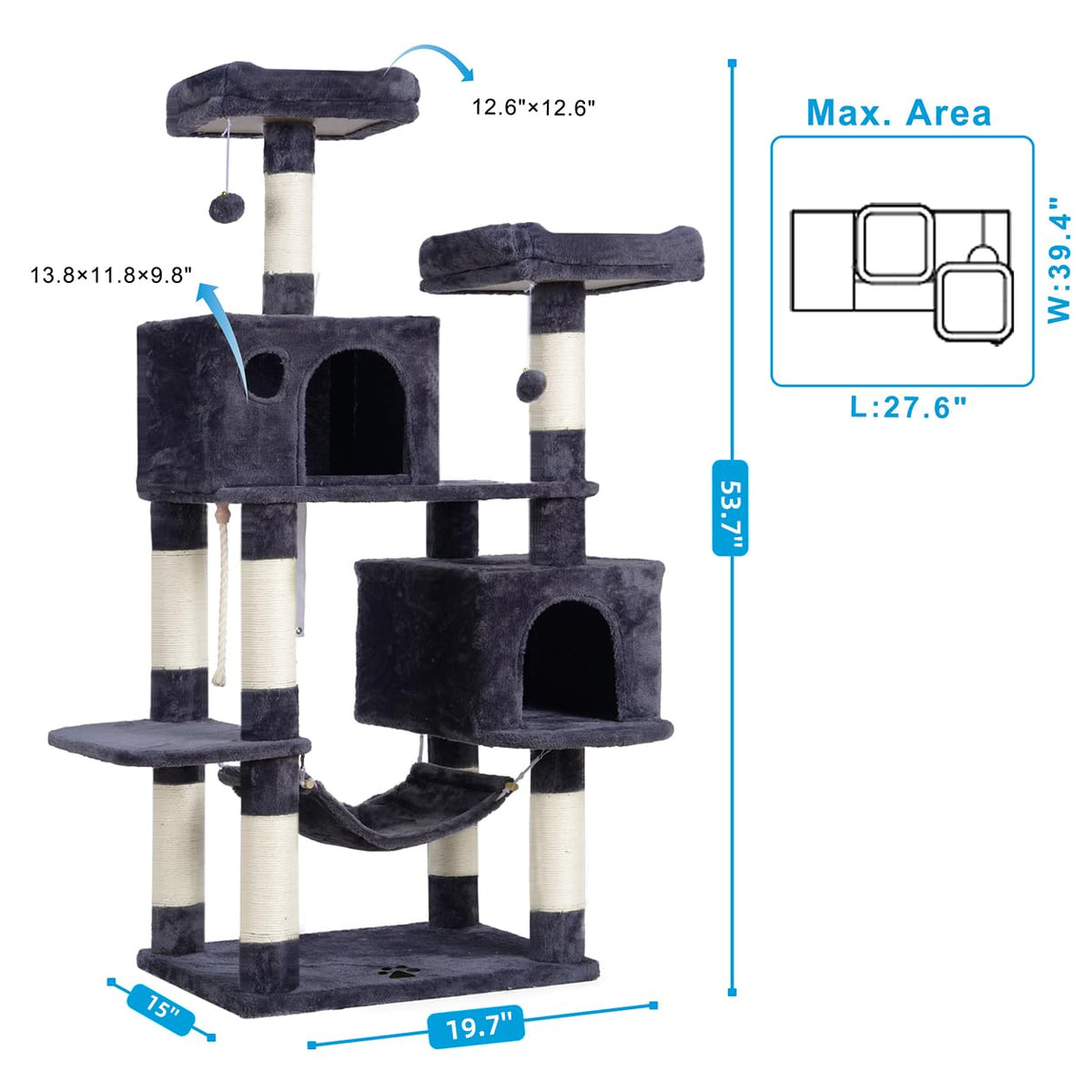 Cat Tree Tower with Sisal Scratching Posts (53.7 Inches / Smoky Gray)