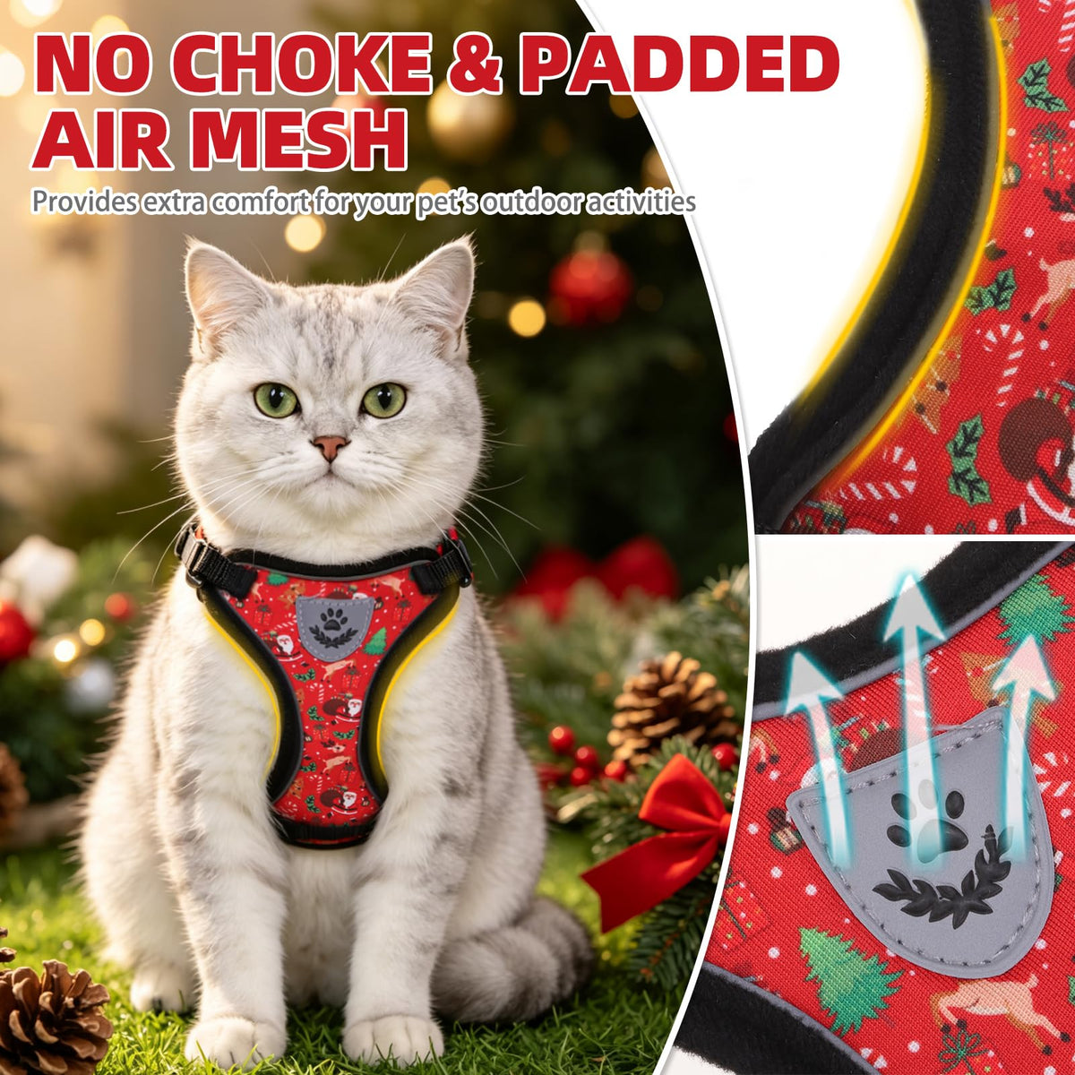 Cat Harness and Leash Set Escape Proof Reflective Cat Walking Harness Adjustable Soft Breathable Mesh Vest for Small Pets (S (NECK 9.5"-11", CHEST 13"-16") / Red(Christmas))