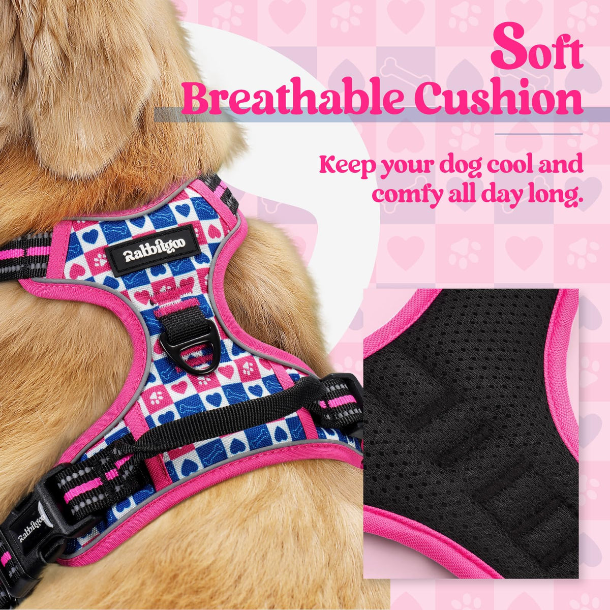 Dog Harness No Pull for Large Dogs with 2 Leash Clips (Large / Hot Pink Grid)