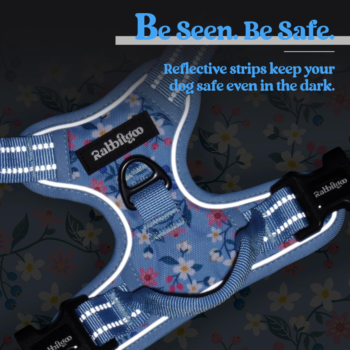 Dog Harness No Pull for Large Dogs with 2 Leash Clips (Large / Blue Floral)