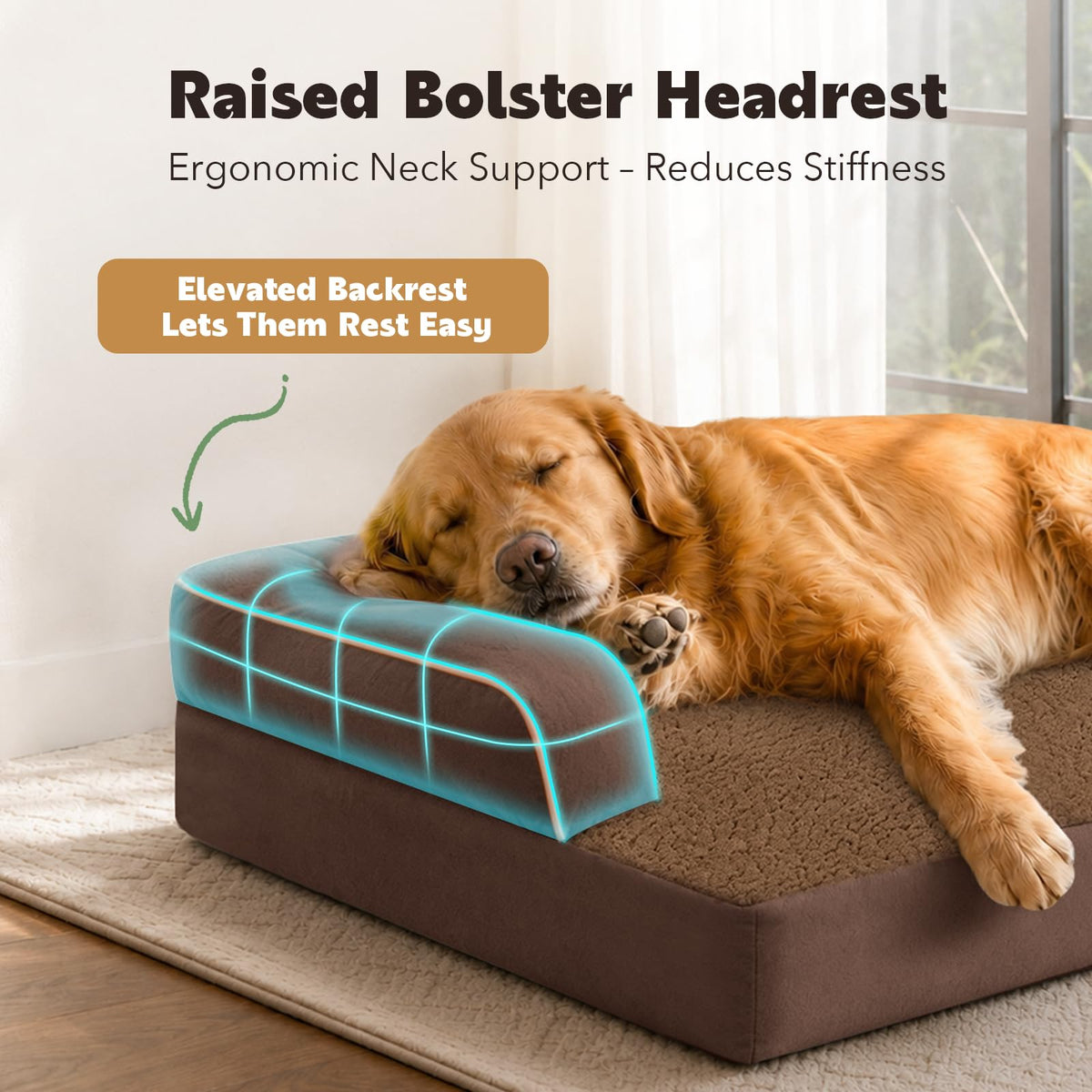 Orthopedic Waterproof Jumbo Dog Bed with Bolster for Extra Large Dogs (53.0"L x 42.0"W x 8.0"Th / Coffee)