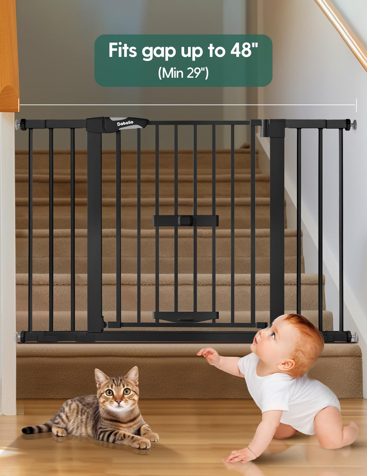 Extra Wide Dog Gate with Cat Door (Black / 29-48" Wide, 30" Tall)