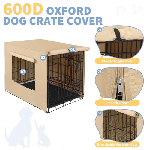 Dog Crate Cover Waterproof Kennel Cover (42.9"L x 28.3"W x 30.3"H / Beige with Window)