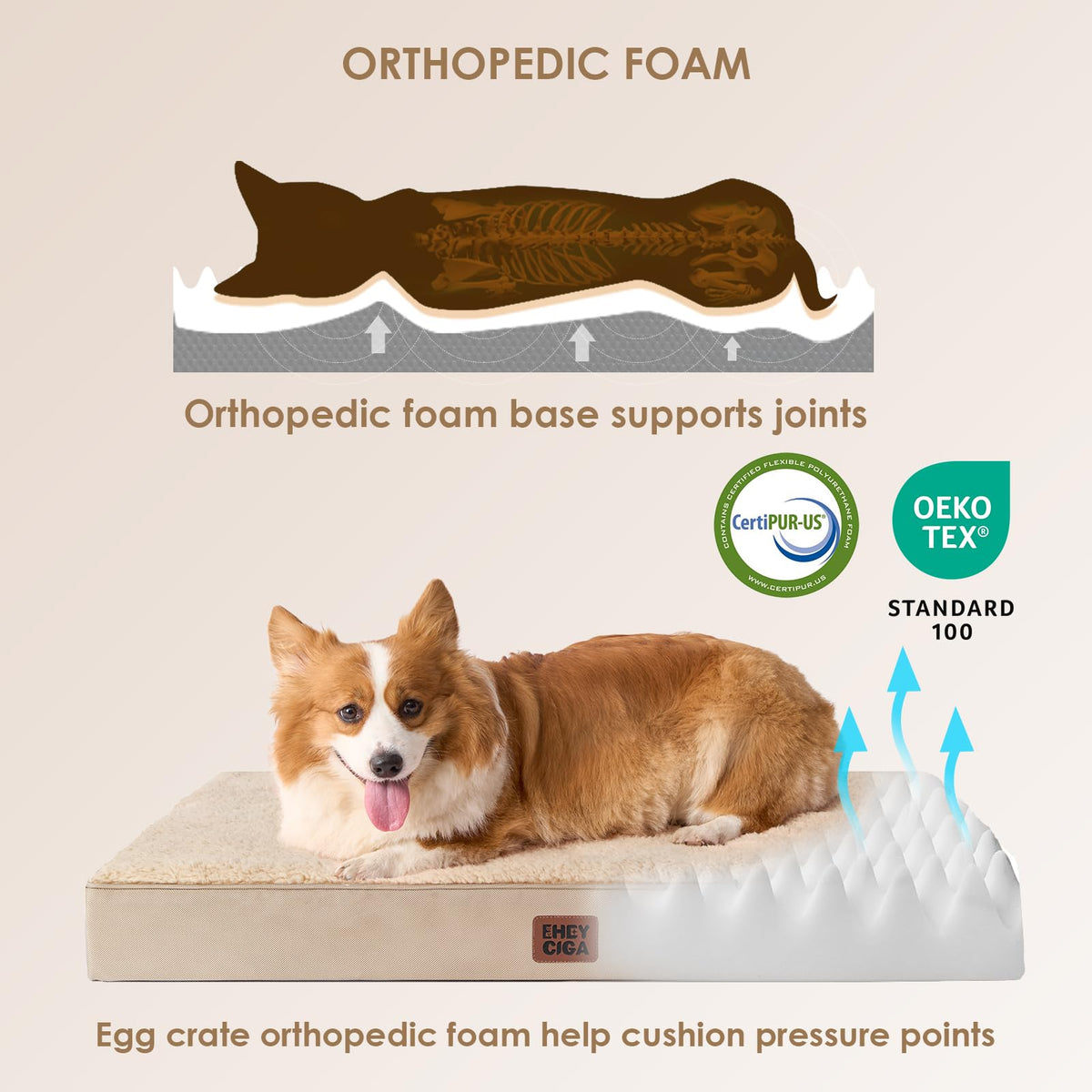 Orthopedic Dog Bed Large with Removable Washable Cover (47*29*3.5 inches / khaki)