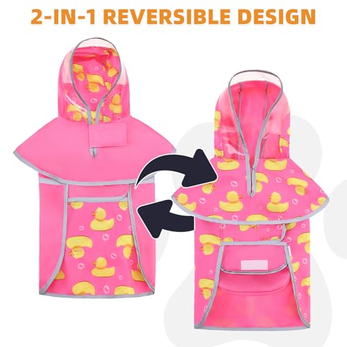 2-in-1 Reversible Small Dog Raincoat, Hooded Rain Jacket Poncho (S:5-15lbs / PINK)