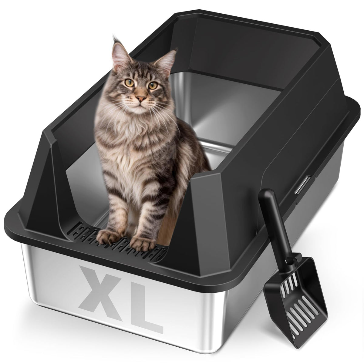 Stainless Steel Litter Box with High Sides (Black-1Pack)