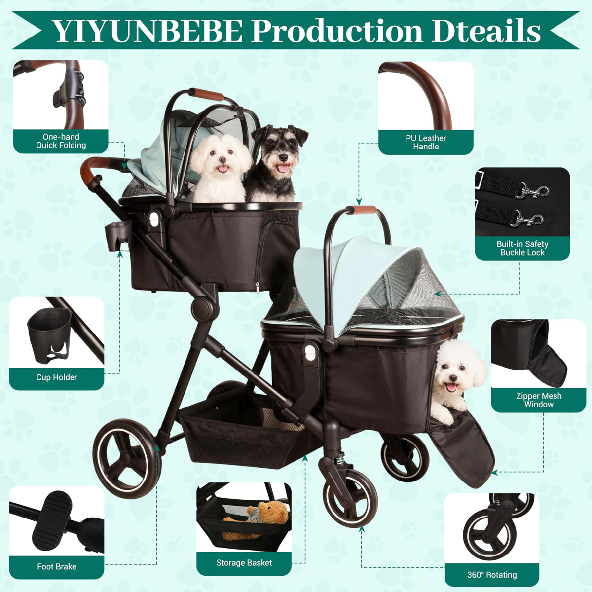 Foldable Double Pet Stroller for 2 Small Medium Cats Dogs (Light Blue / Double)