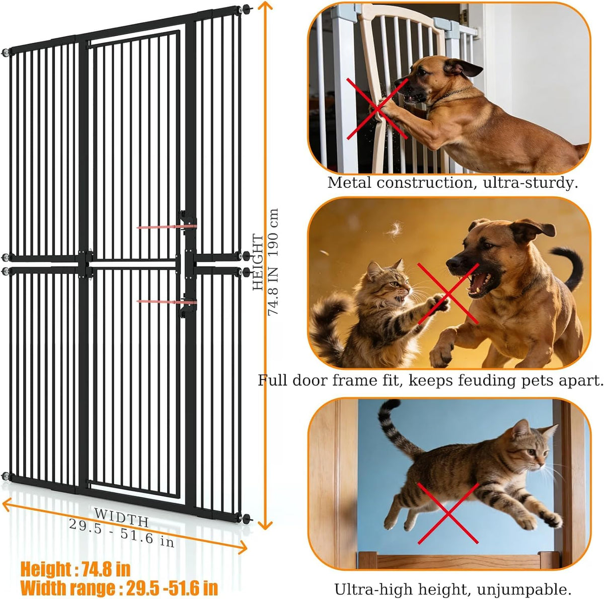 74.8" Extra Tall Pet Gate for Cats (Black / 74.8" Tall, 29.5-51.6"BWide)