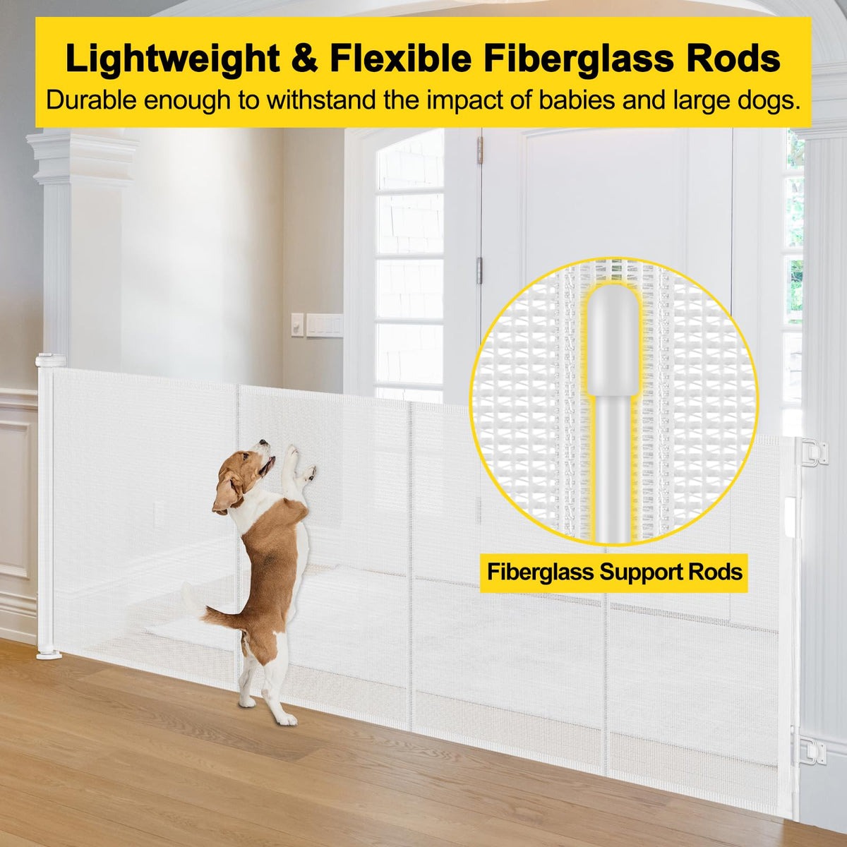 Reinforced 42" Extra Tall x 80" Wide Retractable Baby Gates with Rods (White / Reinforced 42" Tall X 80" Wide)
