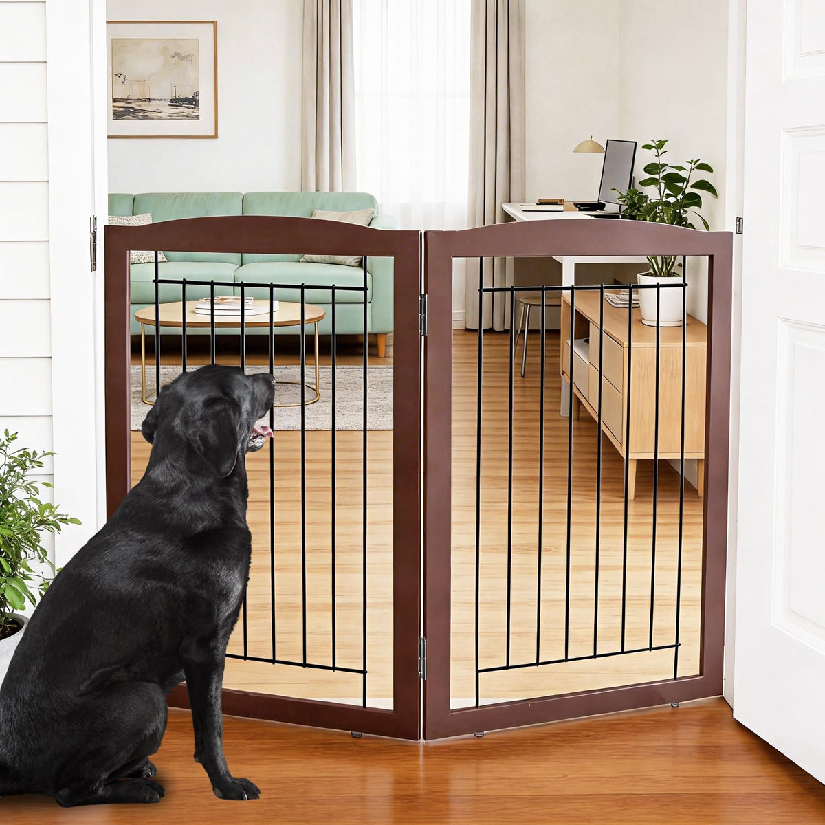Freestanding Foldable Dog Gate for House Extra Wide Wooden Indoor Puppy Gate Stairs Doorways Pet Gate Tall Dog Fence 2 Panels Fence Brown (Brown / 【2 Panels】40''w x 32''h)