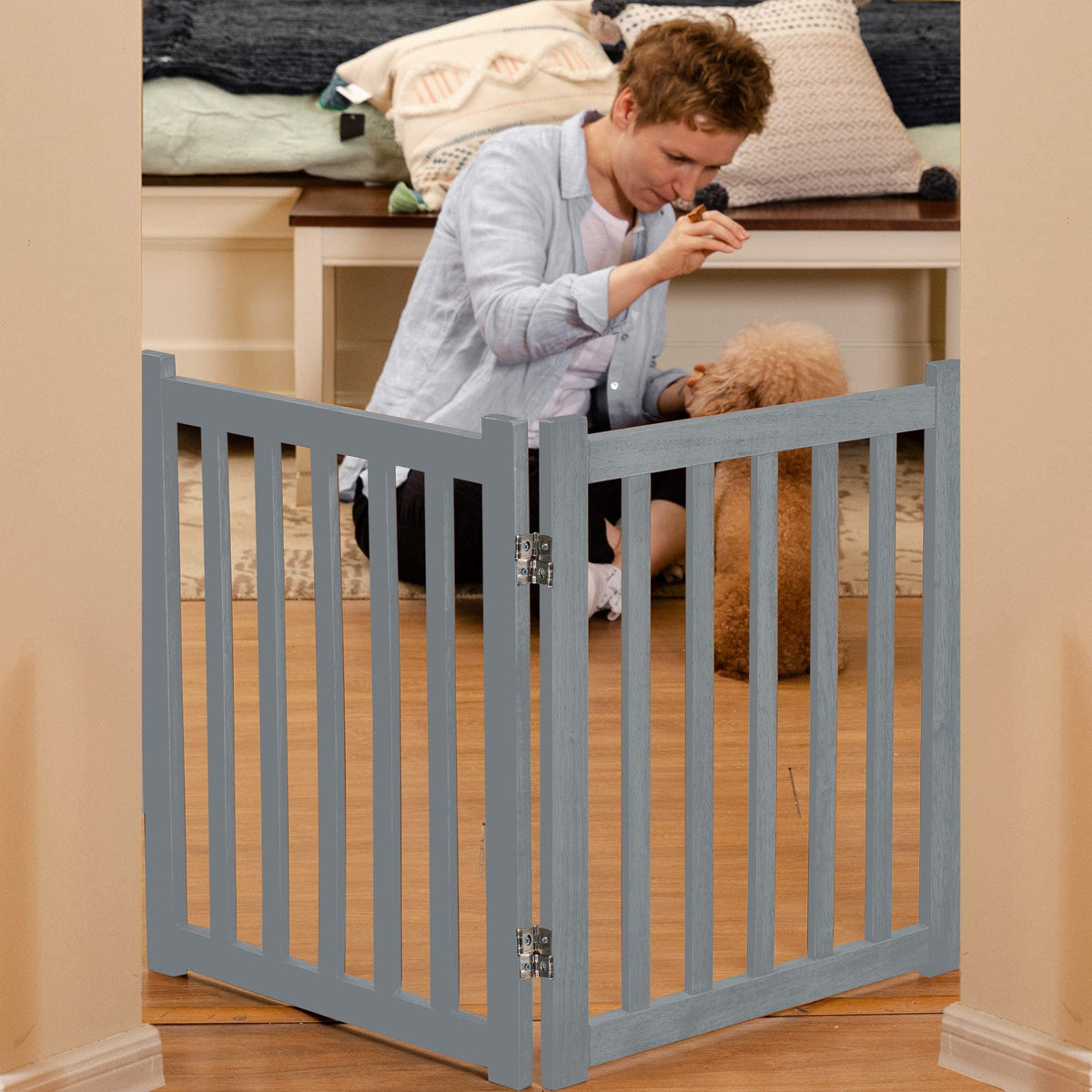 Wooden Free Standing Dog Gate 40" W x 24" H (Gray / 40"W x 24"H)