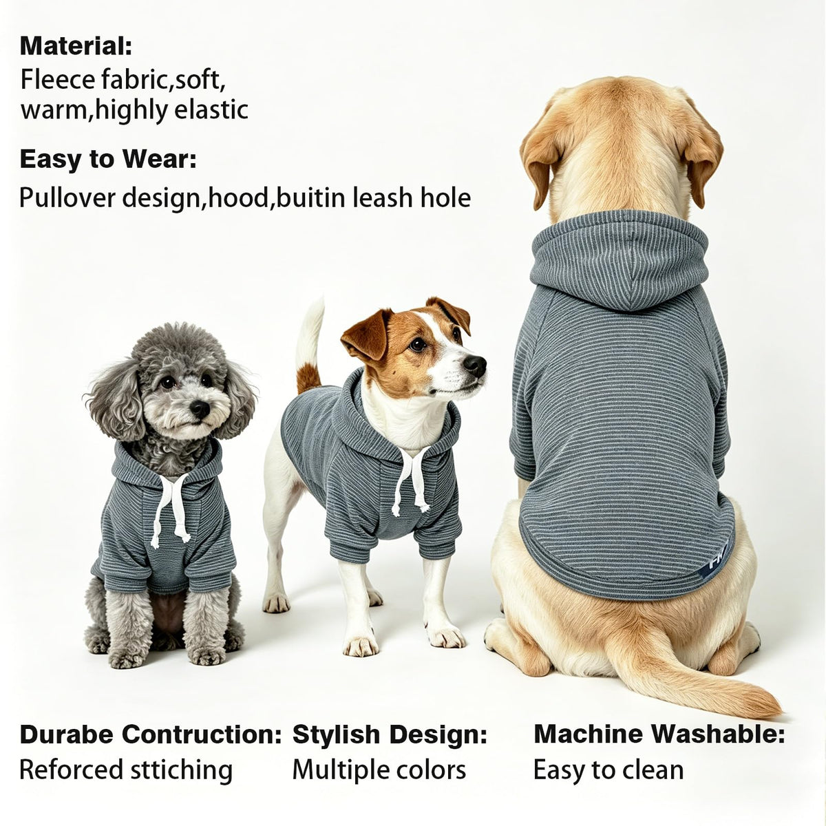 Fleece Dog Hoodie with Leash Hole Dog Clothes for Small to Large Dogs (Gray stripes / Small)