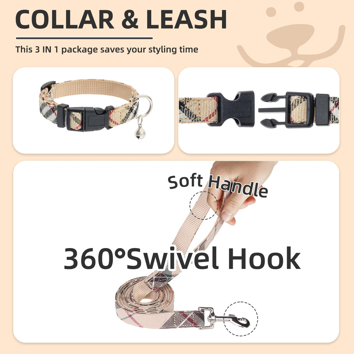 Dog Harness Collar and Leash Set No Pull for Small Medium Sized (Beige / S (CHEST 14.5"-16"))