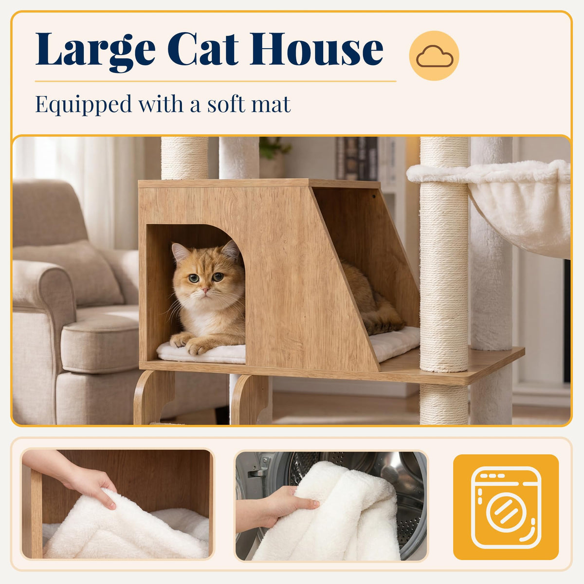 Wooden Cat Tree Tower with Large Condos (White Oak)