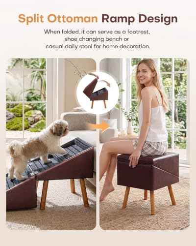 2 in 1 Foldable Ottoman Dog Ramp Faux Leather Dog Stairs (Oxblood Red / XL(17.13”H))