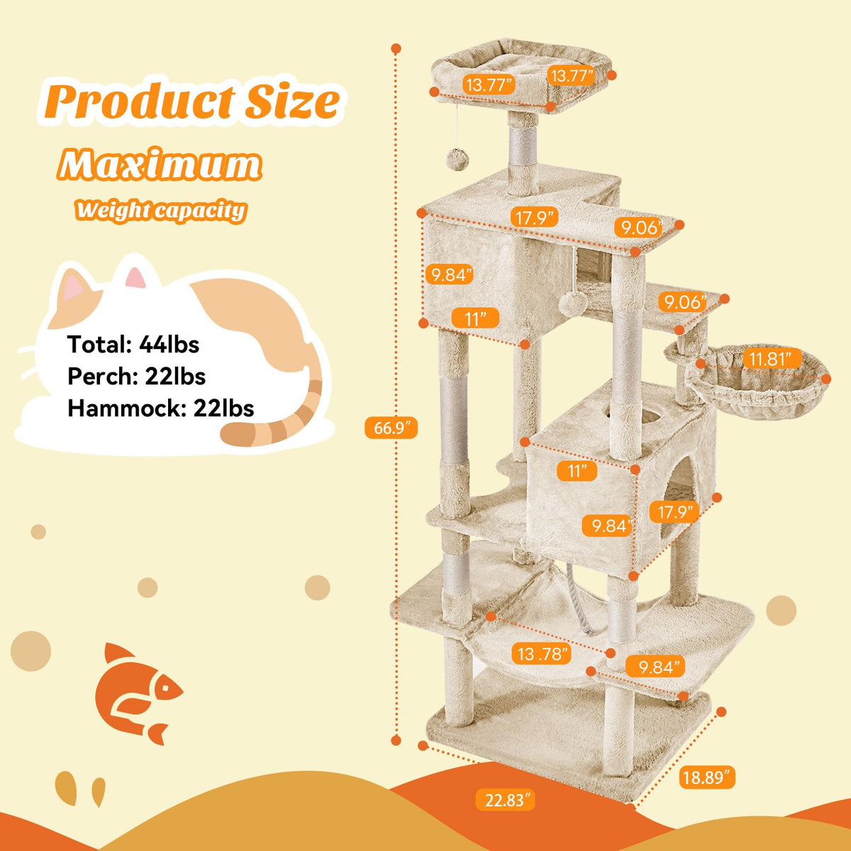 66 Inch Large Cat Tree Tower with Scratching Posts (Beige / 66.9"×18.9"×18.9")