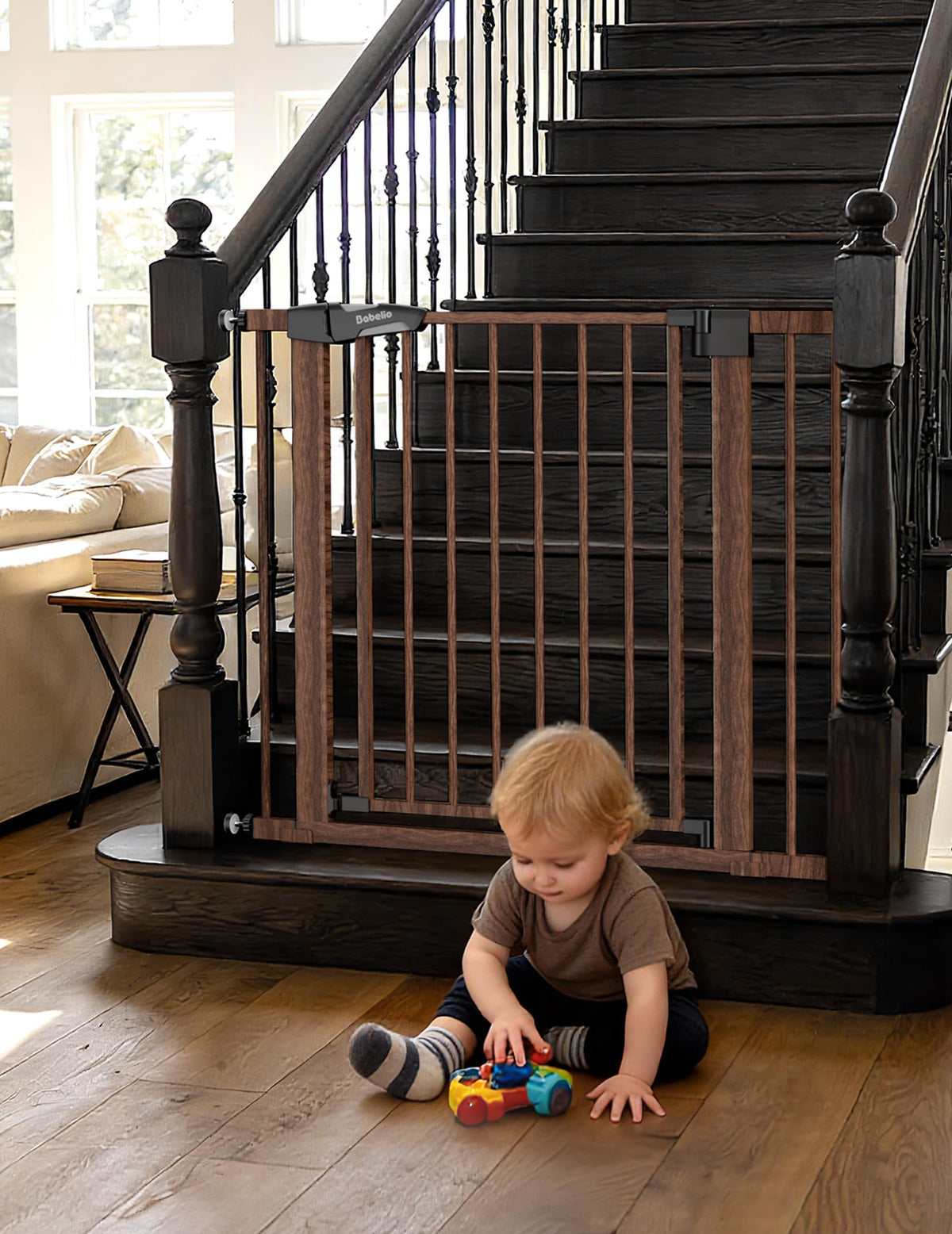 26 40 in Pressure Mounted Baby Gate for Stairs (Black Wood Pattern / 30"Tall 26"-40" Wide)
