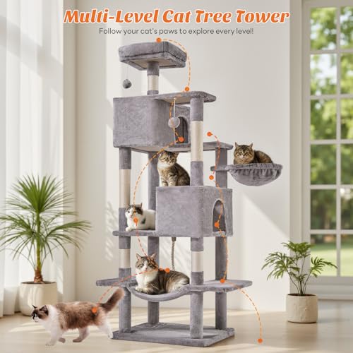 Large 66 Inch Cat Tree Tower with Sisal Scratching Post (Light Grey / 66 Inches)