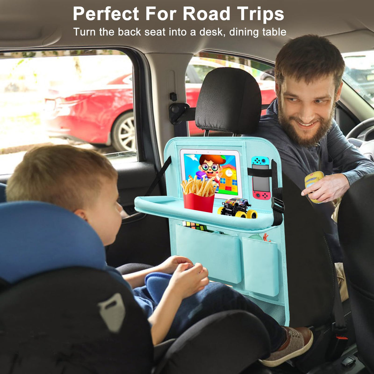 2 Pack Car Backseat Organizer with Foldable Table Tray Blue (Blue / 2 Pack with Food Tray)