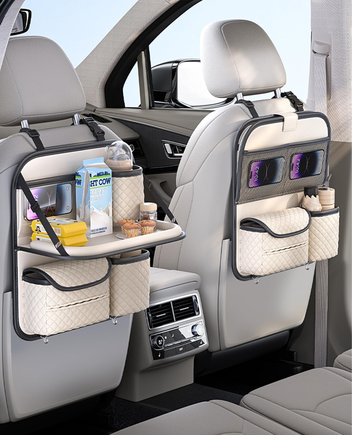 PU Leather Backseat Car Organizer with Tray (Beige)