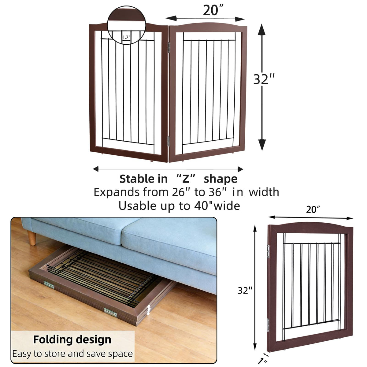 Freestanding Foldable Dog Gate for House Extra Wide Wooden Indoor Puppy Gate Stairs Doorways Pet Gate Tall Dog Fence 2 Panels Fence Brown (Brown / 【2 Panels】40''w x 32''h)