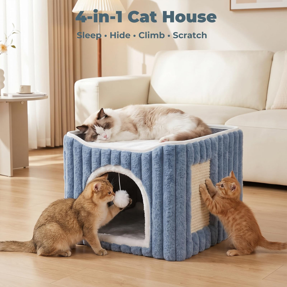 3-in-1 Cat Cave Bed for Indoor Cats with Scratch Pad (Blue)