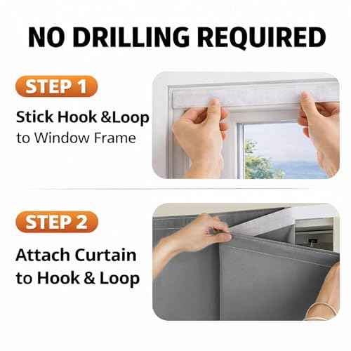 Magic Tape Stick on Curtains Blackout Curtains for Bedroom no Drillng Self Adhesive Curtain no Rod Small Window (Grey / 35"W x 40"L (Pack of 2))