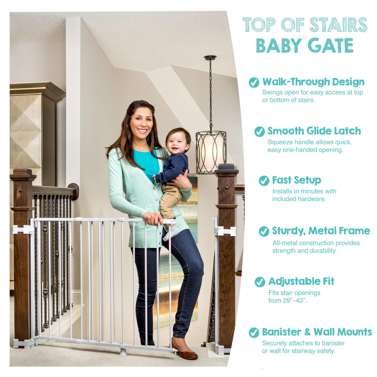 Safety 29" 43" Extra Wide Baby Gate for Top of Stairs & Doorways (White / 29-43.5"W x 30.5"H)