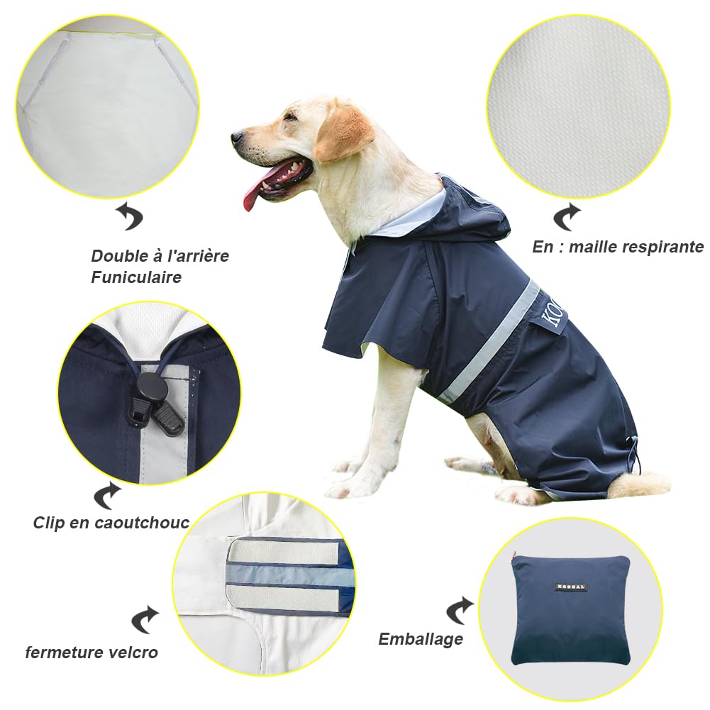 Dog Raincoat Waterproof Hooded (Navy Blue / 4XL-Fit for 50 to 77 pounds)