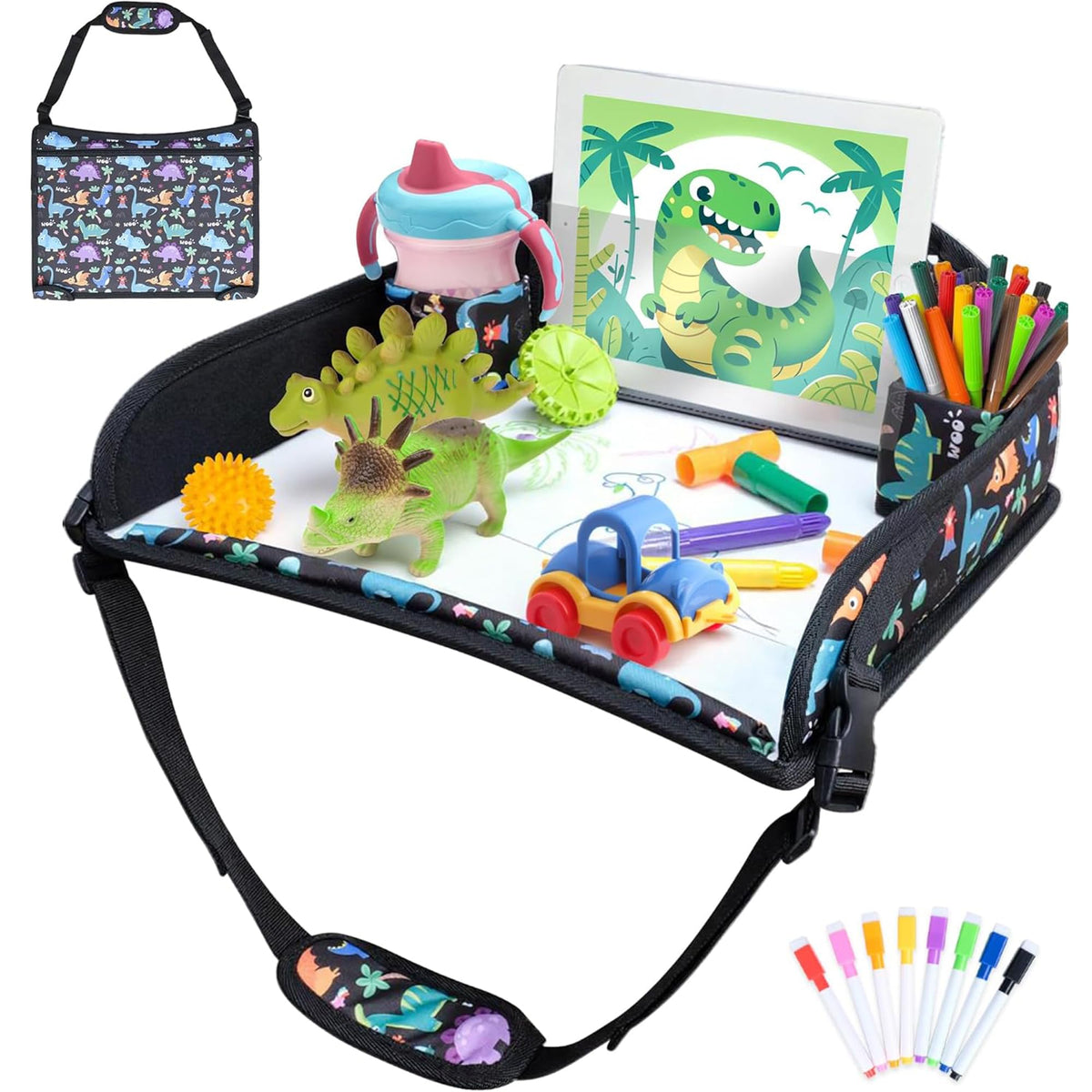 Kids Travel Tray for Carseat for Road Trip Activities (Dinosaur)