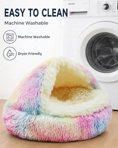 Cat Bed Round Plush Fluffy Hooded Cave (20.0"L x 20.0"W x 6.0"Th / Multicolor)