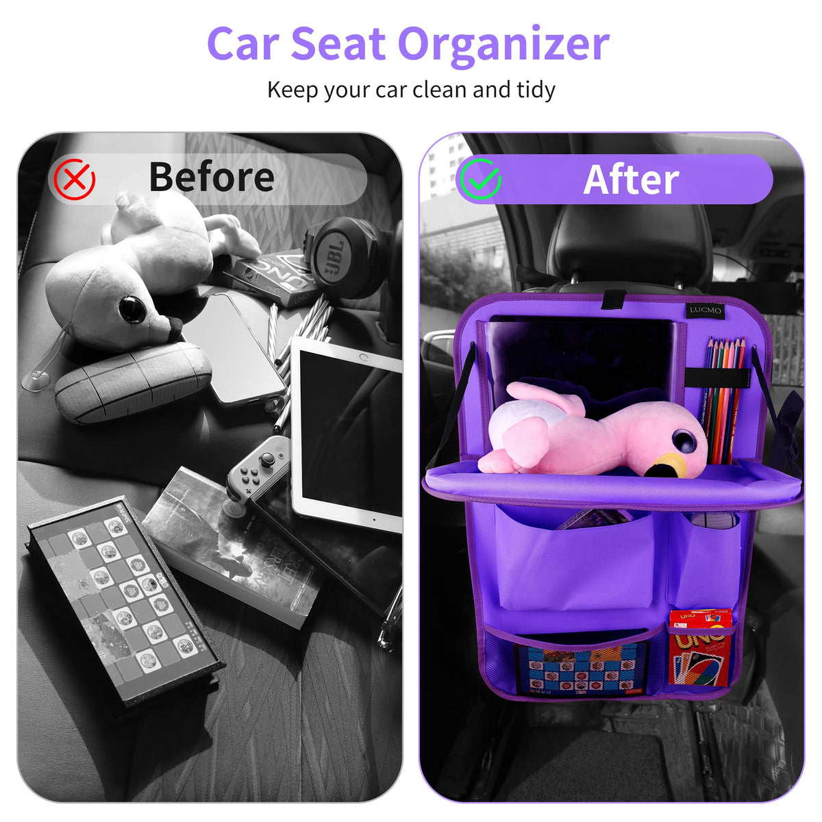 Car Backseat Organizer with Foldable Tablet Holder (Dark Purple-3 / 2 Pack with Food Tray)