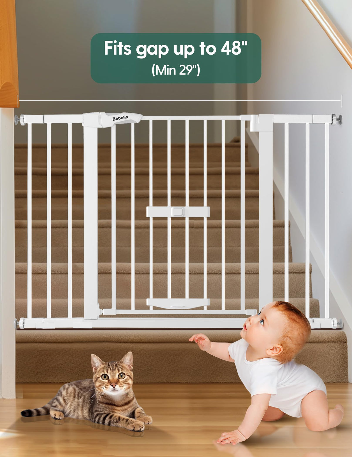 Extra Wide Dog Gate with Cat Door (White / 29-48" Wide, 30" Tall)