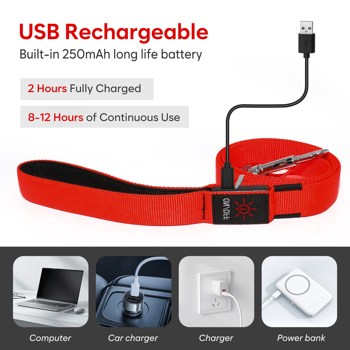 LED Light Up Dog Leash 3 Lighting Modes USB Rechargeable (Red-KX)