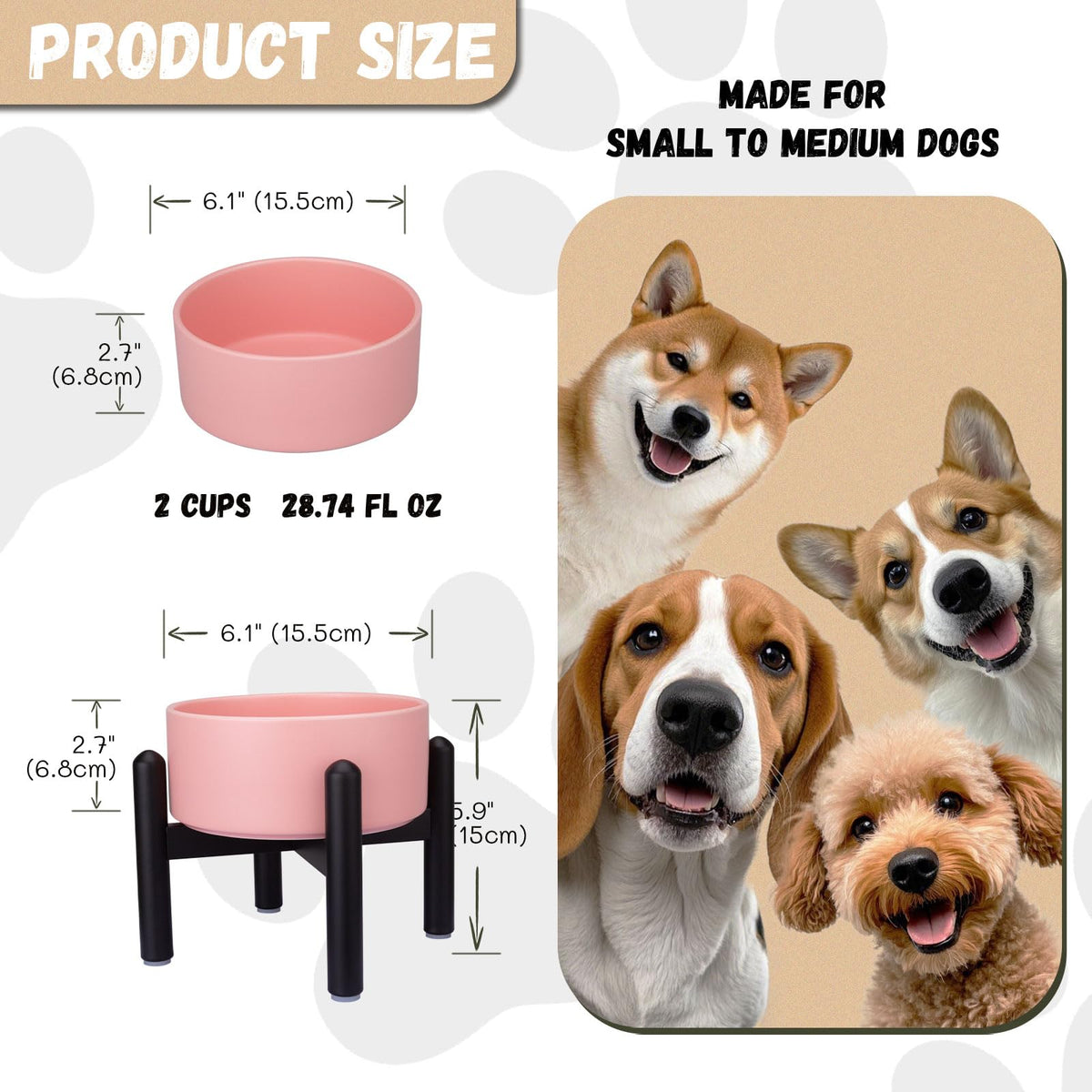 Raised Ceramic Dog Bowl Set with Stand (Pink / 1 Bowl - 3.5 Cups)